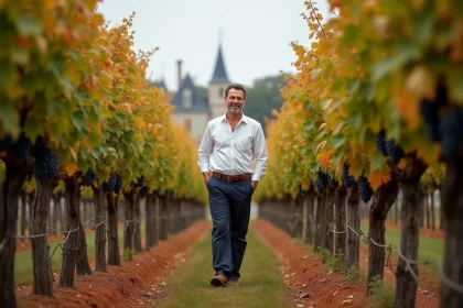 Propriétaire d'un domaine viticole bordelais marchant entre les rangées de vignes en automne avec un château en arrière-plan