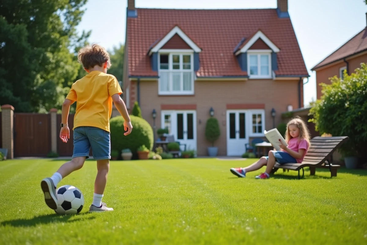 Enfants jouant dans le jardin d'une maison familiale en location dans le 59