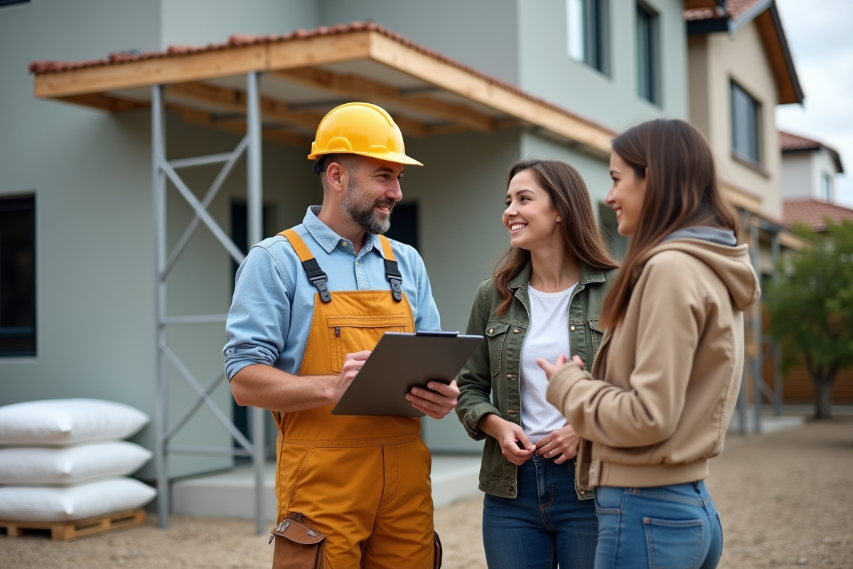 Entrepreneur en travaux avec couple devant maison en construction