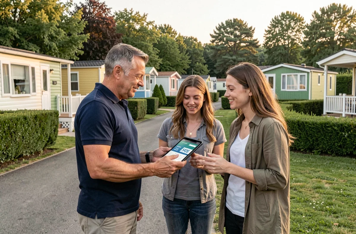 Agent immobilier présentant une estimation de rachat de mobil-home à un couple dans un parc résidentiel de loisirs
