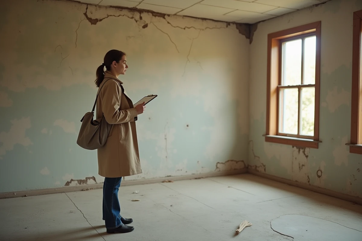 Femme évaluant l'état d'une maison ancienne avec travaux pour préparer une proposition d'achat adaptée