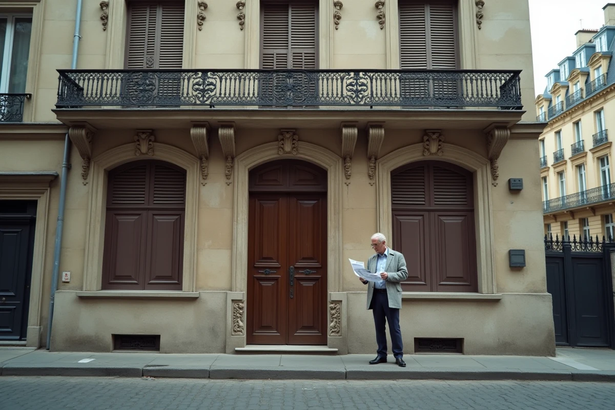 Façade d'immeuble haussmannien avec balcons en fer forgé et toiture en zinc, homme consultant une annonce immobilière sur le trottoir
