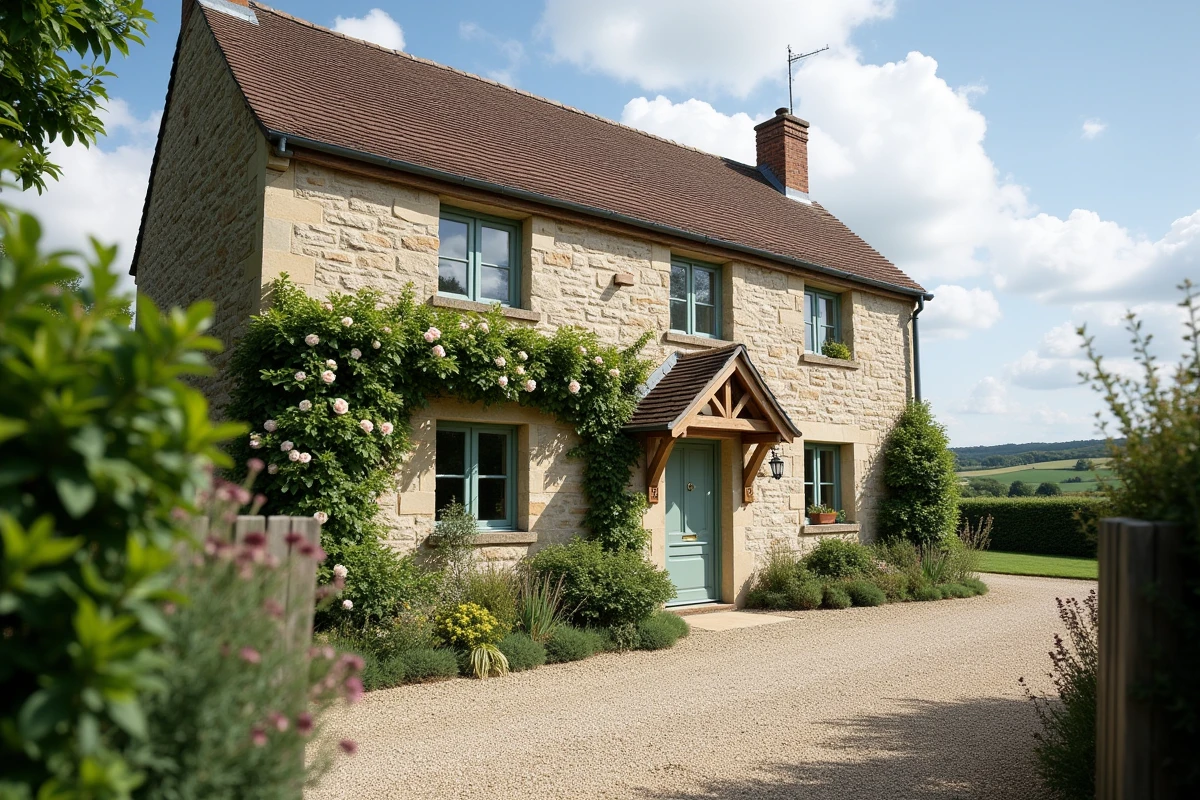 Façade extérieure d'un cottage normand en pierre à vendre dans la Manche, avec jardin soigné, porte en bois vert sauge et rosiers grimpants