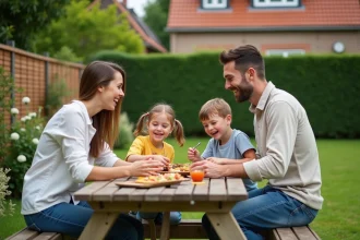Famille avec enfants profitant du jardin d'une maison à louer dans le Nord (59)