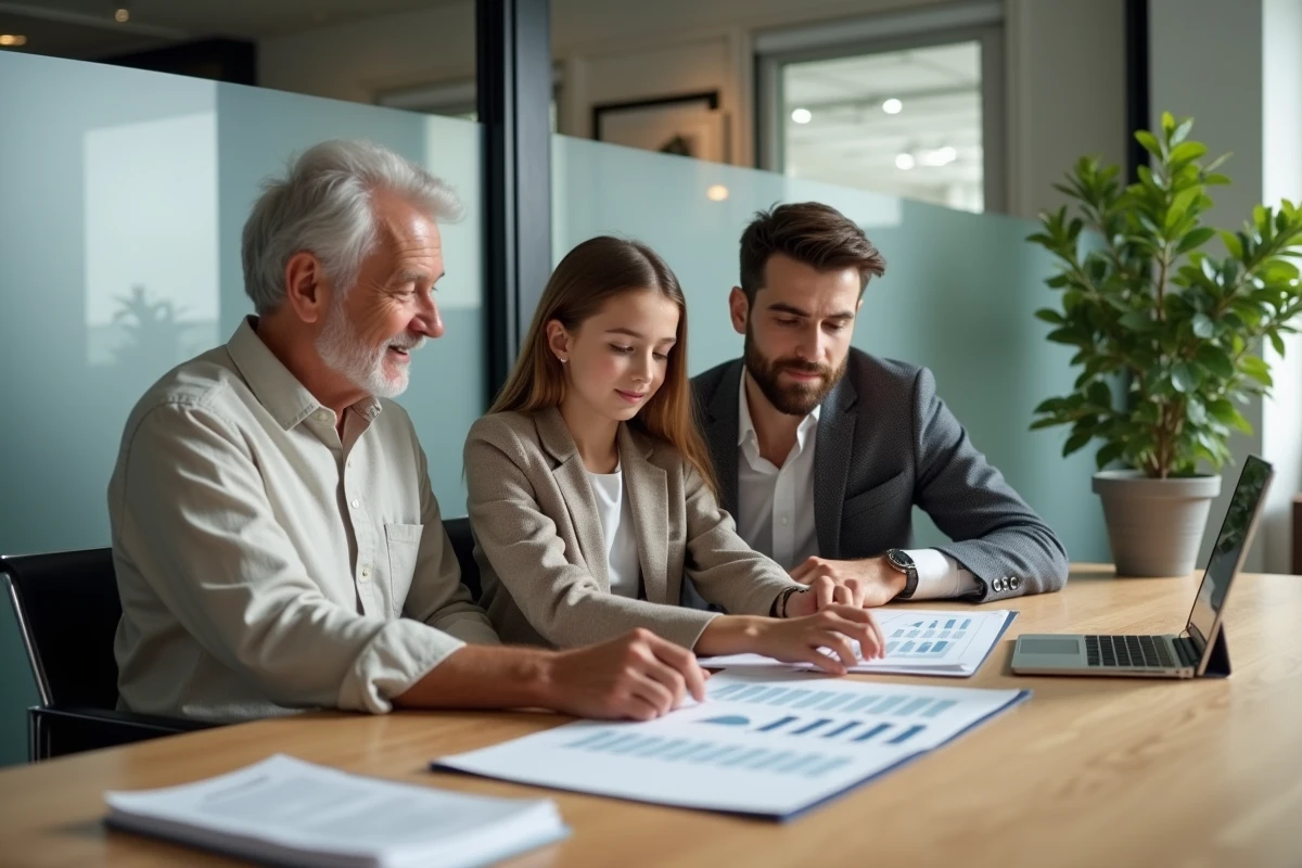 Famille multigénérationnelle discutant d'un investissement immobilier en SCI dans un bureau de notaire