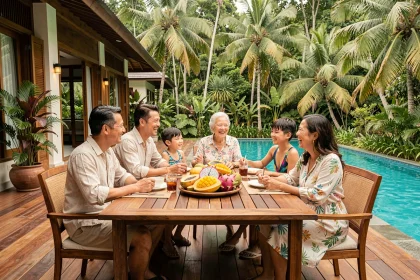 Famille en vacances dans une villa privée en Thaïlande partageant un repas tropical autour d'une table en teck sur la terrasse avec vue sur la piscine