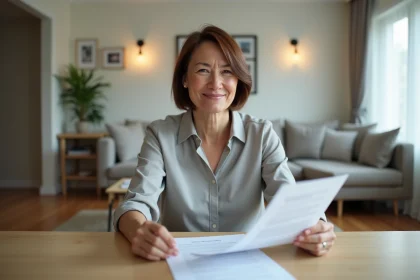Femme d'âge moyen lisant documents d'achat d'appartement