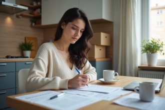 Jeune femme concentrée à remplir des papiers chez elle