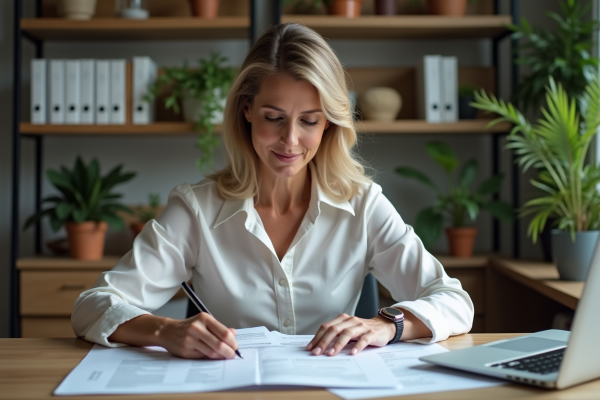 Femme d'affaires triant des factures dans un bureau à domicile
