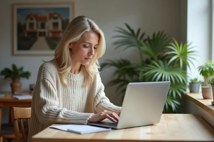 Femme d'âge moyen analysant des données immobilières sur un ordinateur