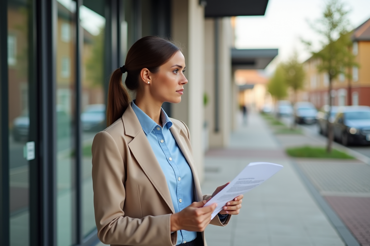 Femme tenant une attestation de prêt immobilier devant une maison