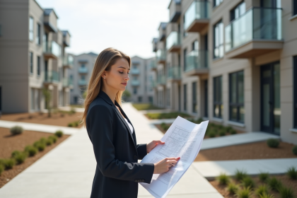Femme professionnelle en blazer examinant des plans de construction