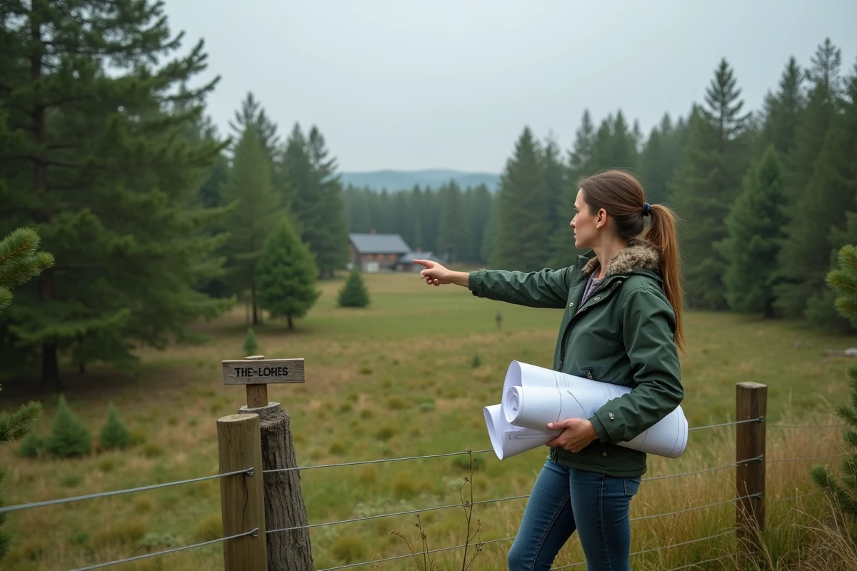 Femme architecte tenant un plan architectural sur un terrain en zone naturelle protégée en milieu rural