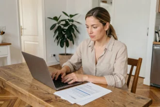 Femme consultant son contrat d'assurance habitation sur ordinateur portable dans un appartement moderne