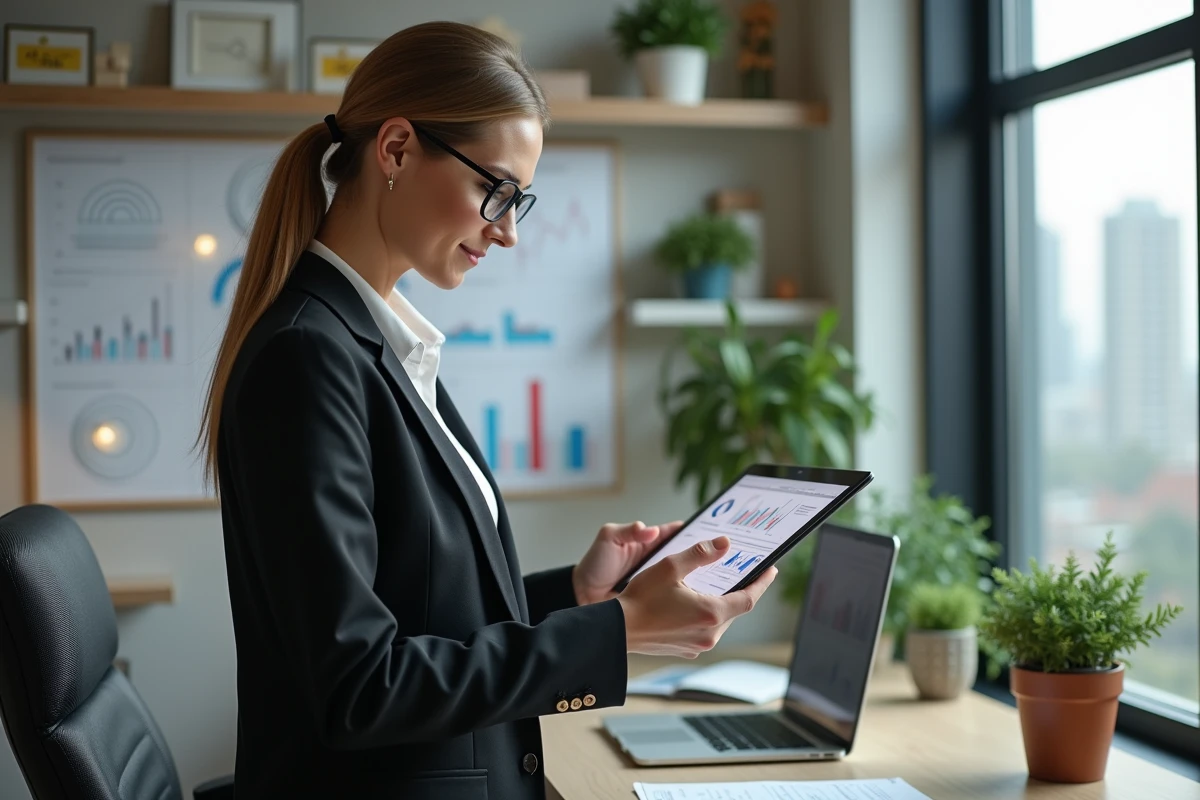 Femme en bureau regardant une tablette avec des graphiques et formulaires