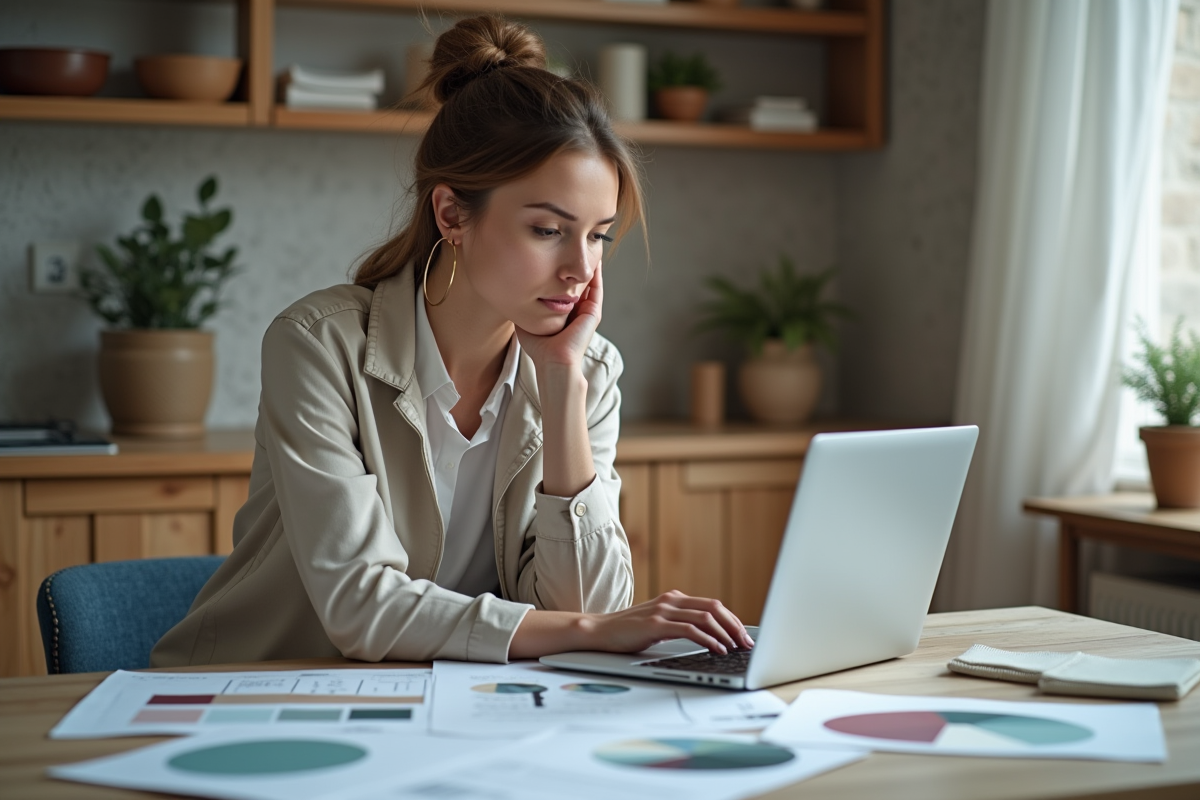 Femme examine documents de renovation dans sa maison