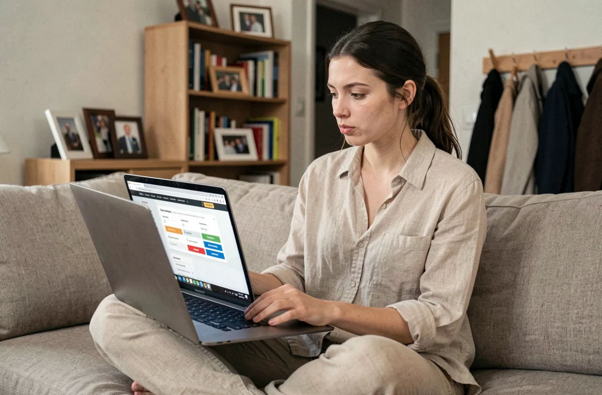 Jeune femme en colocation comparant des offres d'assurance multirisque habitation sur un ordinateur portable