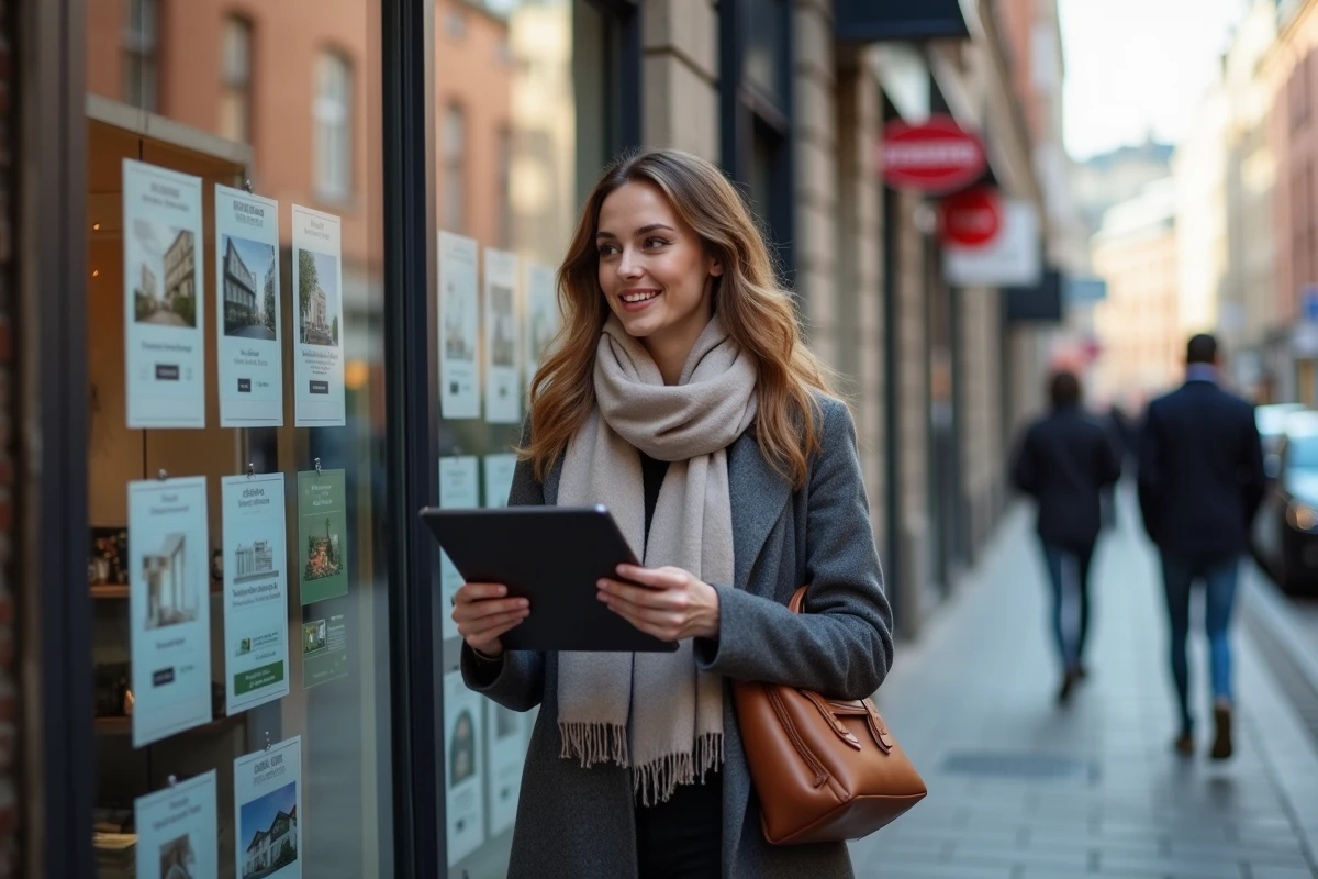 Jeune femme regardant des annonces immobilières en ville
