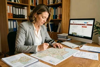 Femme consultant un plan cadastral et des documents de propriété foncière sur un bureau en bois pour identifier le propriétaire d'une parcelle