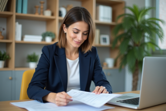 Femme professionnelle examine un contrat de location dans son bureau
