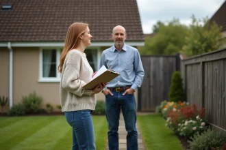 Femme avec contrat de location devant maison dans jardin