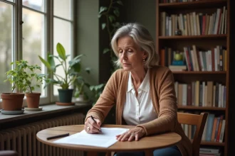 Femme d'âge moyen examinant un contrat de location dans un appartement parisien