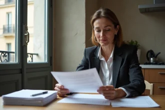 Femme d'âge moyen lisant un contrat de location dans un appartement parisien
