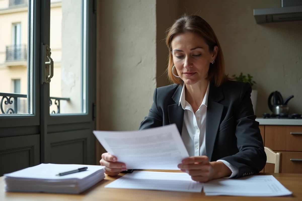 Femme d'âge moyen lisant un contrat de location dans un appartement parisien
