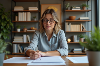 Femme d affaires examine des contrats de location dans un bureau moderne