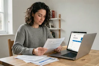 Femme consultant des documents de demande de logement social AL'in sur son ordinateur dans un appartement modeste