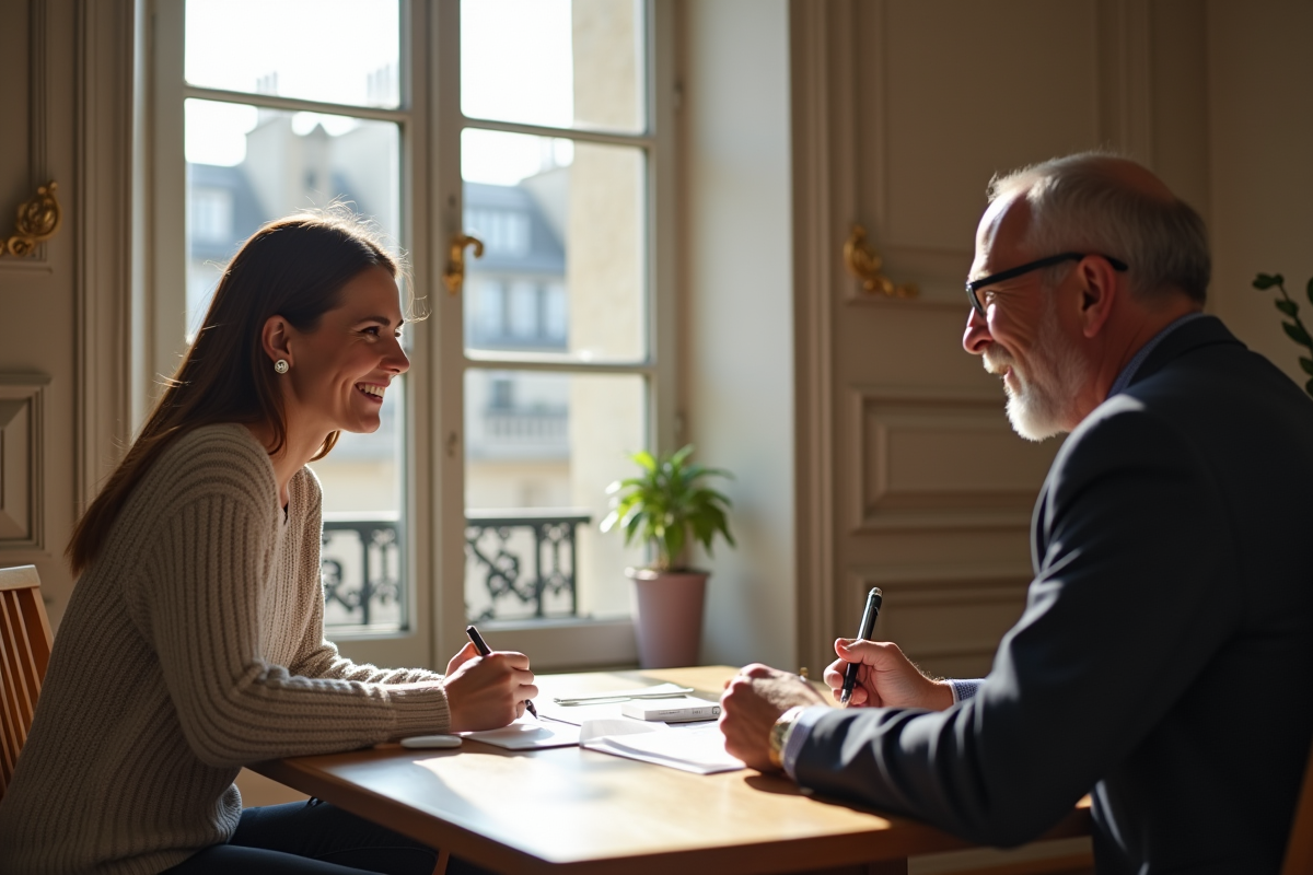 Femme souriante discutant avec un conseiller financier dans un appartement parisien
