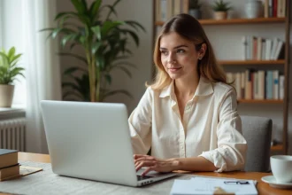 Femme consultant son espace client MyFoncia sur un ordinateur portable dans un bureau à domicile organisé