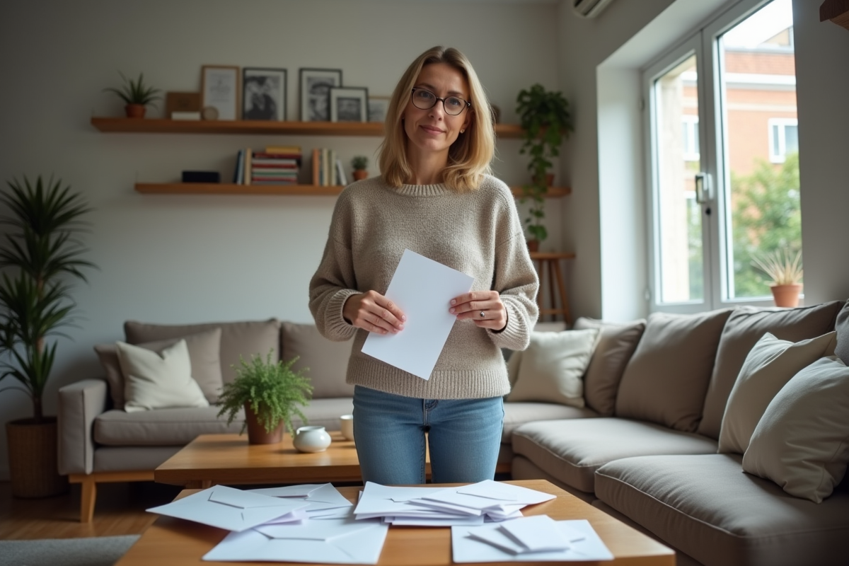 Femme tenant des factures dans un appartement moderne