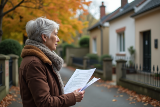 Femme française tenant documents fiscaux devant sa maison