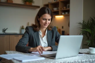 Femme modeste au bureau examinant des annonces de logement