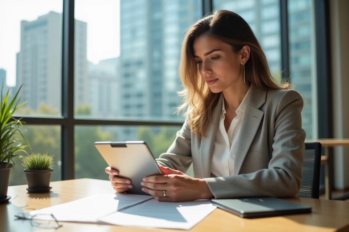 Jeune femme professionnelle examinant des documents immobiliers