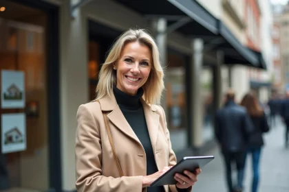 Femme professionnelle souriante avec tablette devant agence immobiliere
