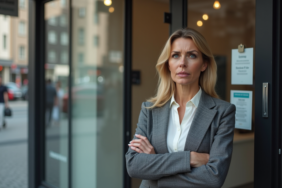 Femme d affaires devant agence immobiliere lisant une affiche