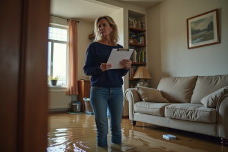 Femme en jeans dans une pièce inondée tenant un dossier