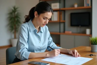 Femme consultant une liste d'inventaire pour une location meublée assise à un bureau en bois dans un appartement moderne