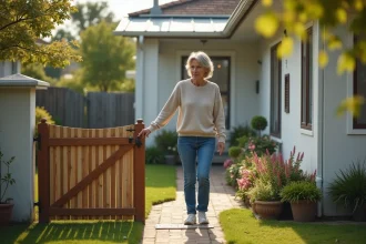 Femme en jeans et pull léger dans un jardin modeste