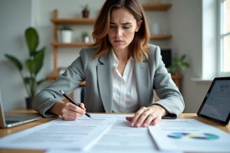 Femme lisant attentivement un contrat de service LOC avec des frais cachés surlignés sur son bureau à domicile