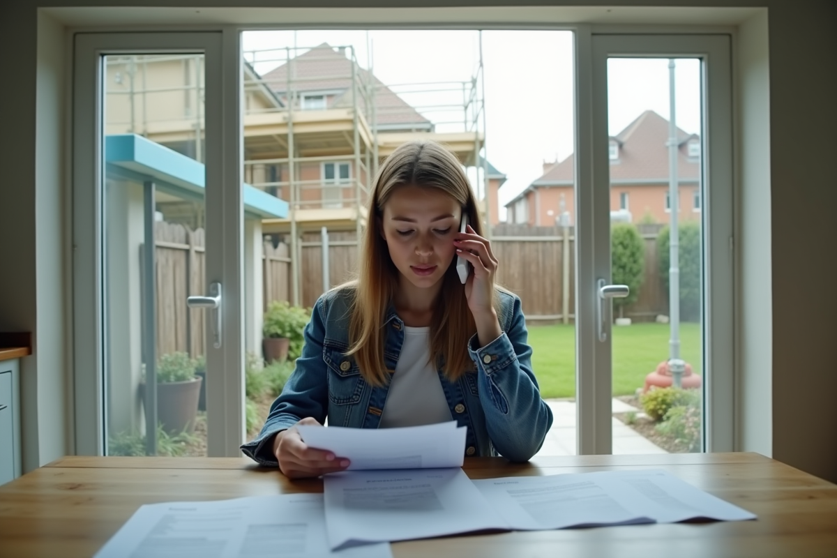 Jeune femme examinant des papiers à la cuisine avec chantier visible