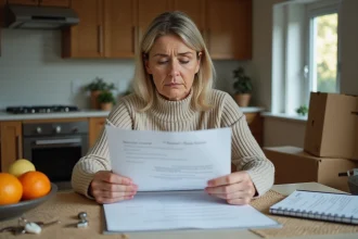 Femme anxieuse lisant des documents immobiliers dans la cuisine