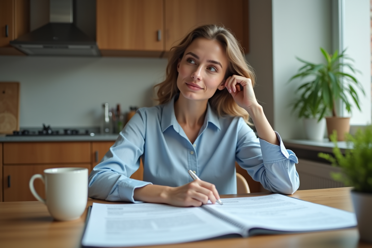 Femme lisant des documents de location dans un appartement moderne