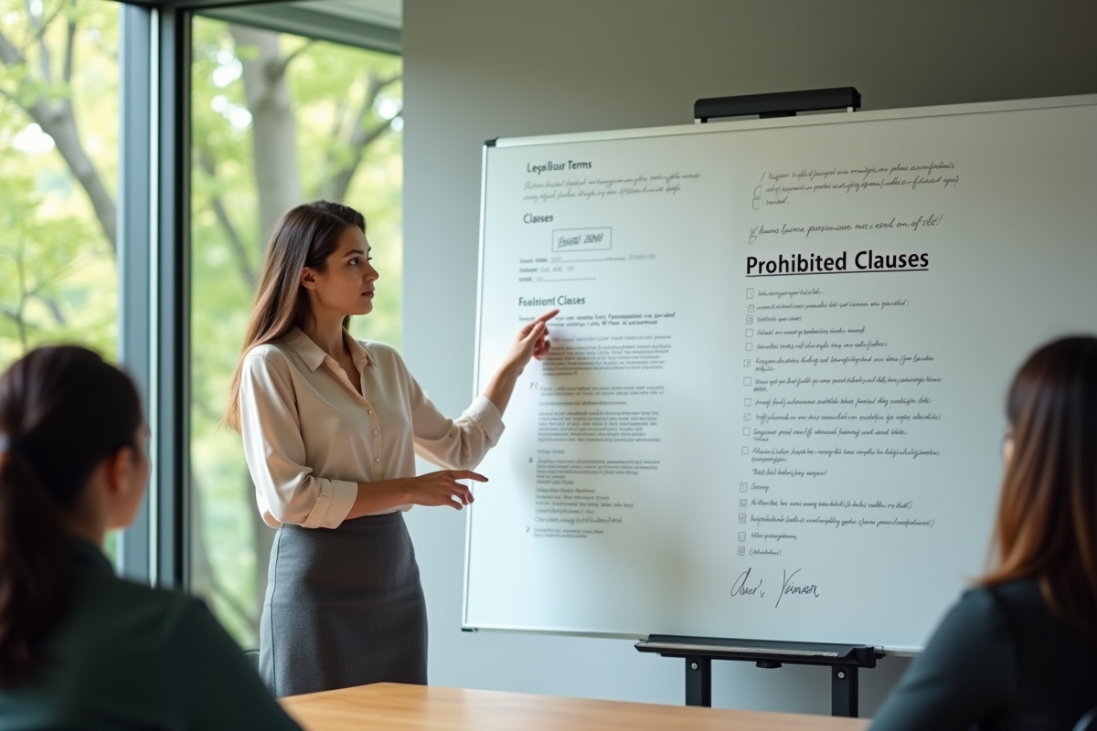 Jeune femme pointe une clause sur un tableau blanc en réunion