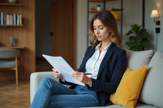 Jeune femme en blazer et jeans examine des documents de location