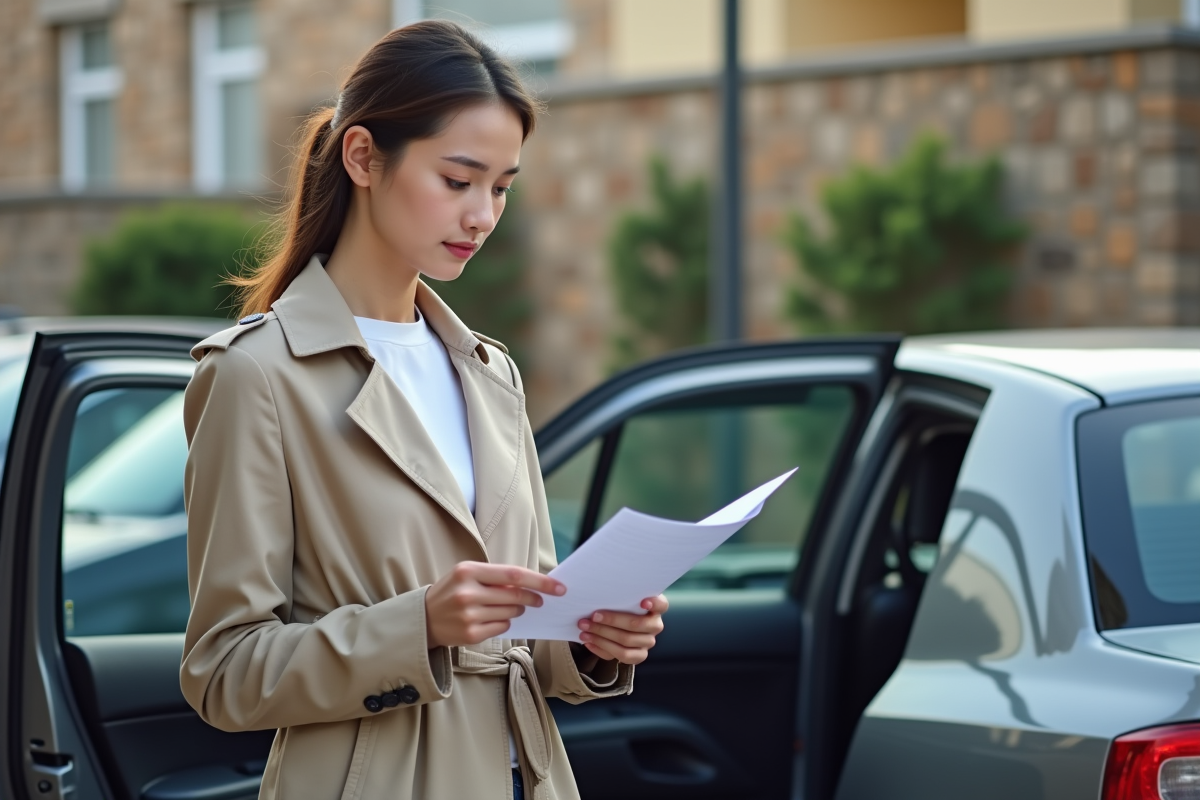 Femme en trench examine des documents près d