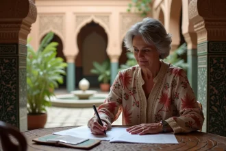 Femme marocaine dans un riad examine des documents immobiliers