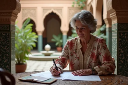 Femme marocaine dans un riad examine des documents immobiliers